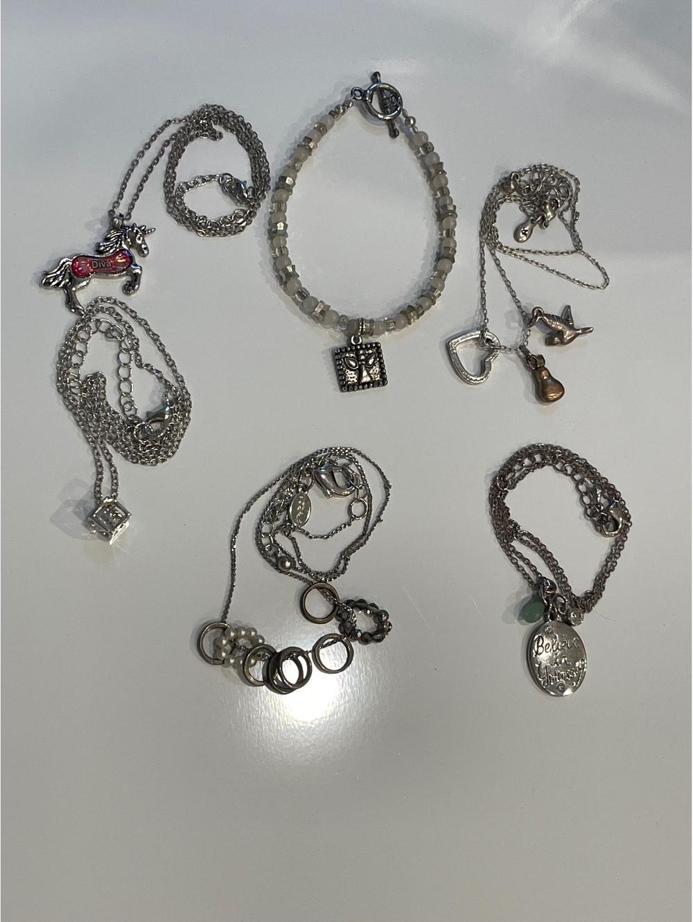 Silver Tone Jewelry Lot 5 Necklaces 1 Bracelet Mixed Fashion Jewelry